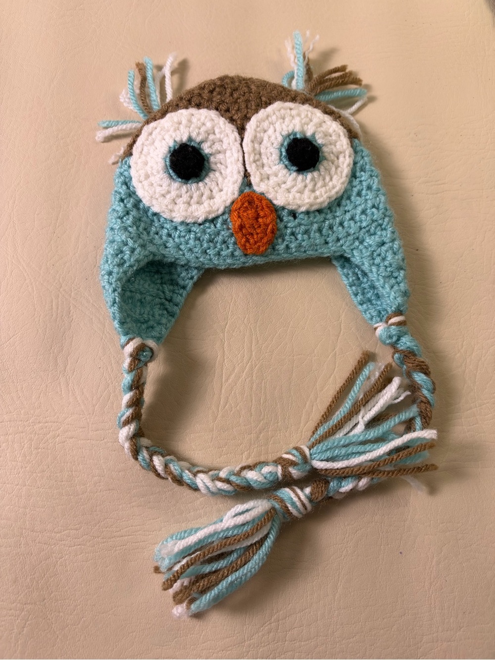 Crochet Owl Earflap Hat in Blue & Brown newborn
